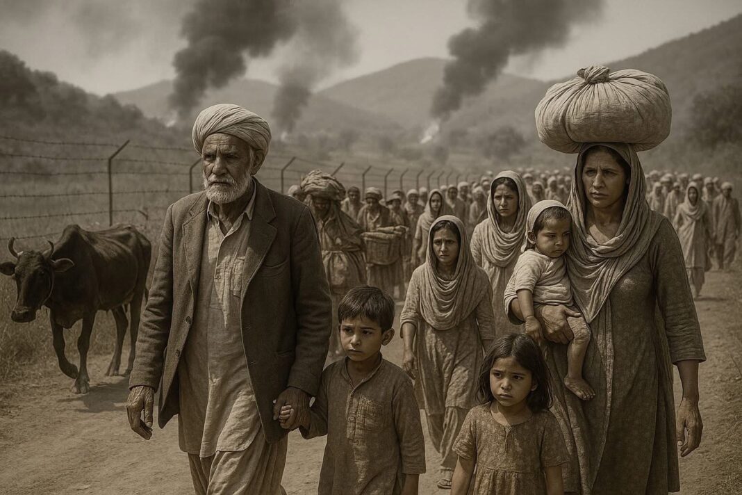 Kashmiri families living near the Line of Control migrating with their belongings amid rising cross-border tensions — women in traditional attire, children walking alongside, and men carrying household items through rugged terrain. (Ai Generated)