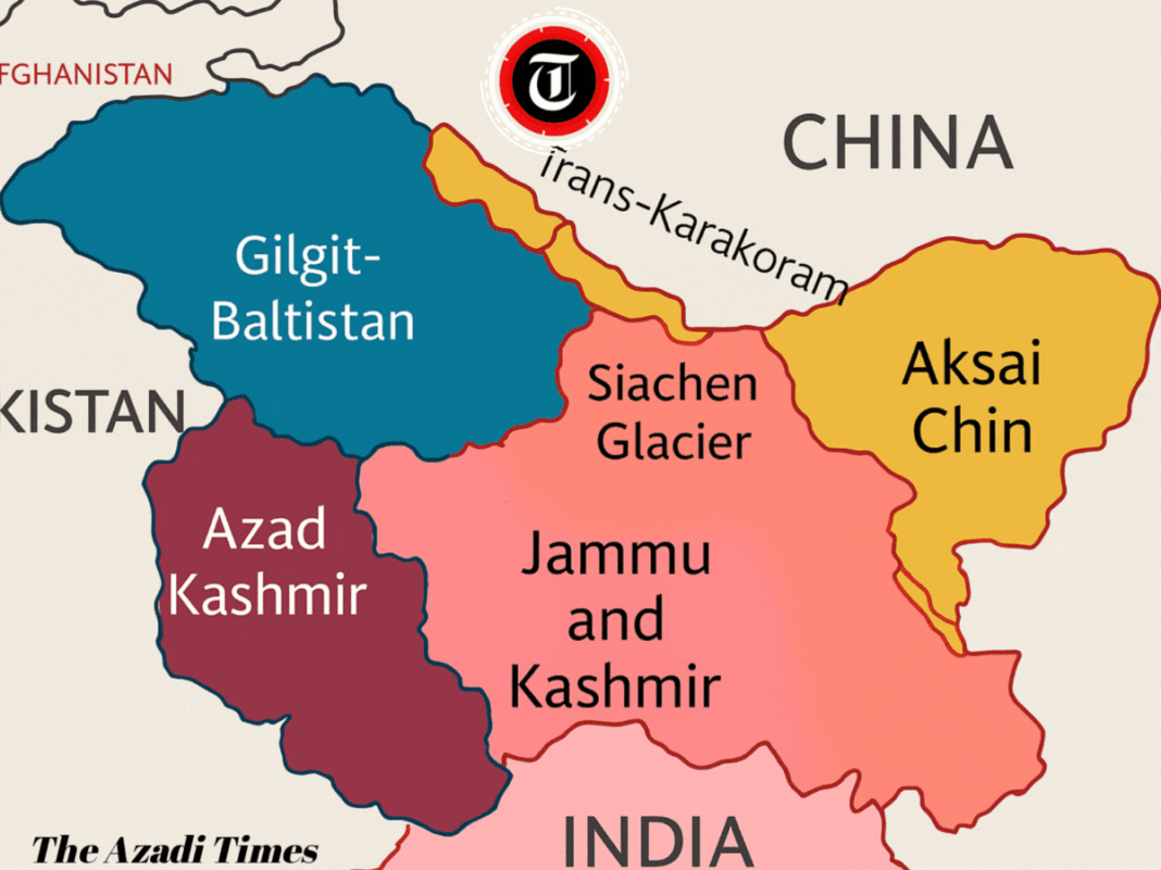 Explore the complex geography of the former princely state of Jammu and Kashmir, including Indian-administered Jammu, Kashmir Valley, Ladakh, and Pakistani-administered Azad Kashmir and Gilgit-Baltistan.
