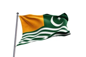 Azad Kashmir flag featuring a green and white design with a crescent, star, and four white stripes symbolizing peace, freedom, and harmony in the region.