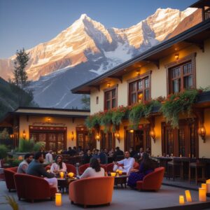 AI generated Image of luxury hotel in Kashmir with a cozy bar, featuring traditional wooden decor, mountain views, and elegant seating for guests.