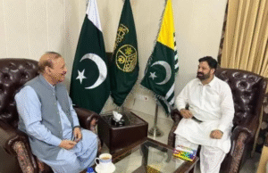 Arshad Bilo sitting with President Sultan Mehmood Chaudhry inside the President Office, Pakistan-administered Kashmir