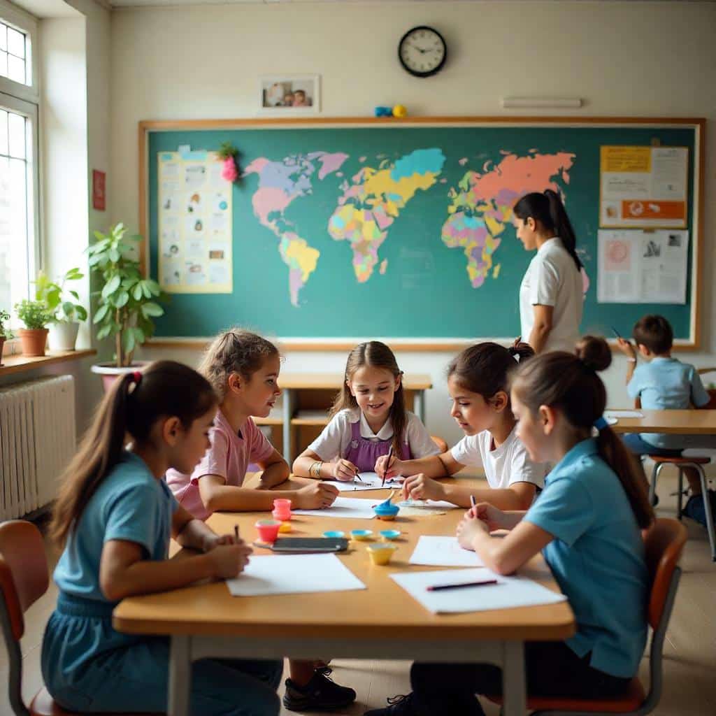 A bright classroom filled with colorful motivational quotes and world map on the walls, student achievement displays, and lush potted plants, creating an energetic and inspiring learning environment.