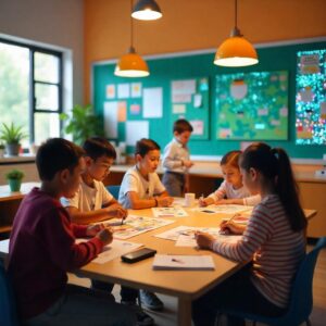 A modern classroom with sleek, minimalist furniture, interactive digital displays and smart boards, blending futuristic technology with stylish decor for a dynamic learning space.