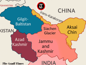 Political map of Jammu and Kashmir highlighting Indian-administered Jammu & Kashmir and Ladakh, Pakistan-administered Azad Jammu & Kashmir and Gilgit-Baltistan, and China-administered Aksai Chin; includes Line of Control (LoC) and Line of Actual Control (LAC) demarcations.