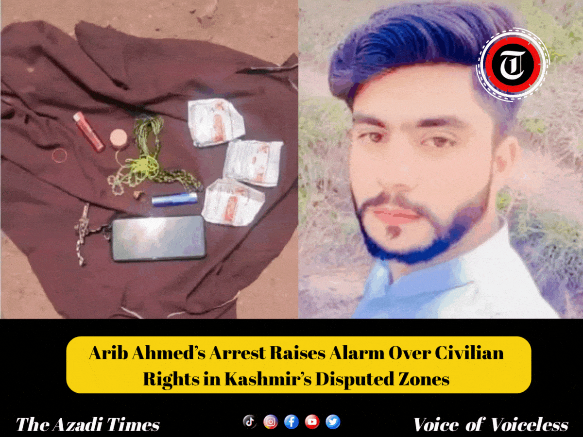 Arib Ahmed, blindfolded and restrained, with personal items including a mobile phone, lighter, prayer beads (tasbeeh), and three packets of naswar—a moist smokeless tobacco popular in South Asia—placed beside him.