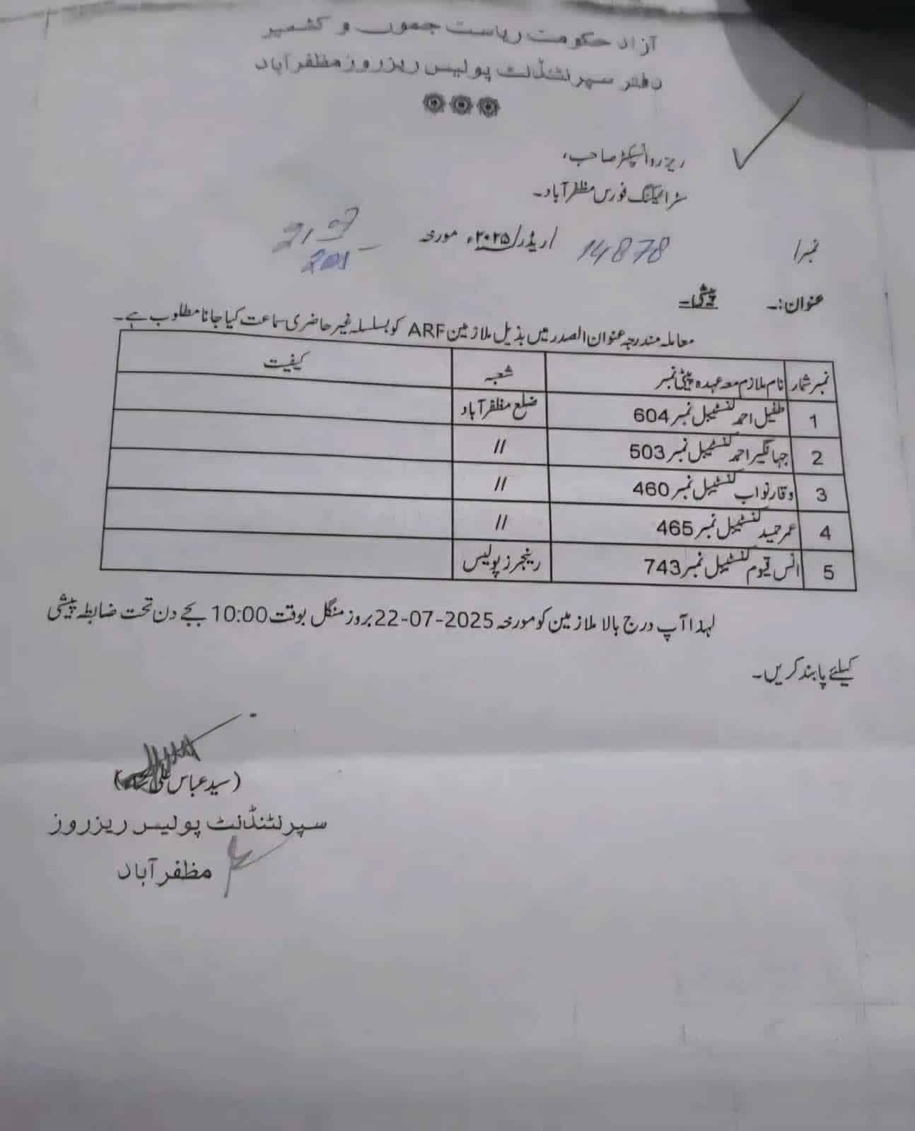 As part of the crackdown, five members of the Muzaffarabad Anti-Riot Force were issued show-cause notices.