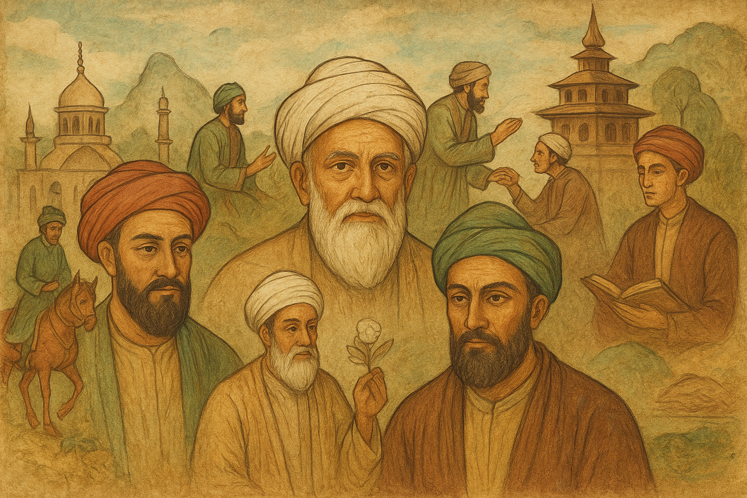 Artistic depiction of Sufi saints and Kashmiri heritage, symbolizing the spiritual journey of Islam’s arrival in the Kashmir.