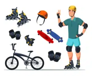 Essential mountain bike safety gear including helmet, gloves, and pads laid out neatly.