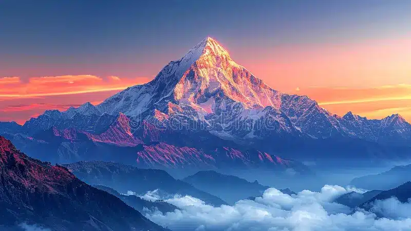 Majestic snow-covered Himalayan mountain peak in the Kashmir region during sunrise.
