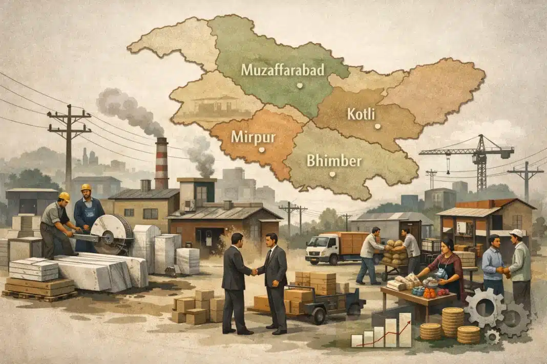 Editorial illustration of Azad Jammu & Kashmir industrial landscape showing small factories, workshops, and marble cutting units, with AJK map highlighting Mirpur, Kotli, Bhimber, and Muzaffarabad, electricity connections, and abstract representations of workforce and trade, professional muted color palette.