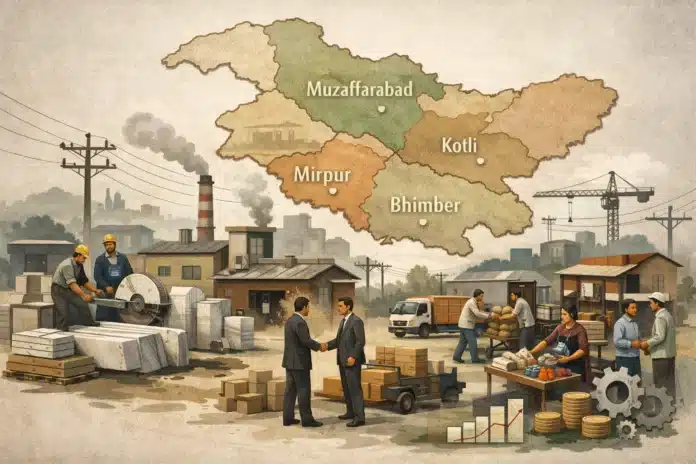 Editorial illustration of Azad Jammu & Kashmir industrial landscape showing small factories, workshops, and marble cutting units, with AJK map highlighting Mirpur, Kotli, Bhimber, and Muzaffarabad, electricity connections, and abstract representations of workforce and trade, professional muted color palette.