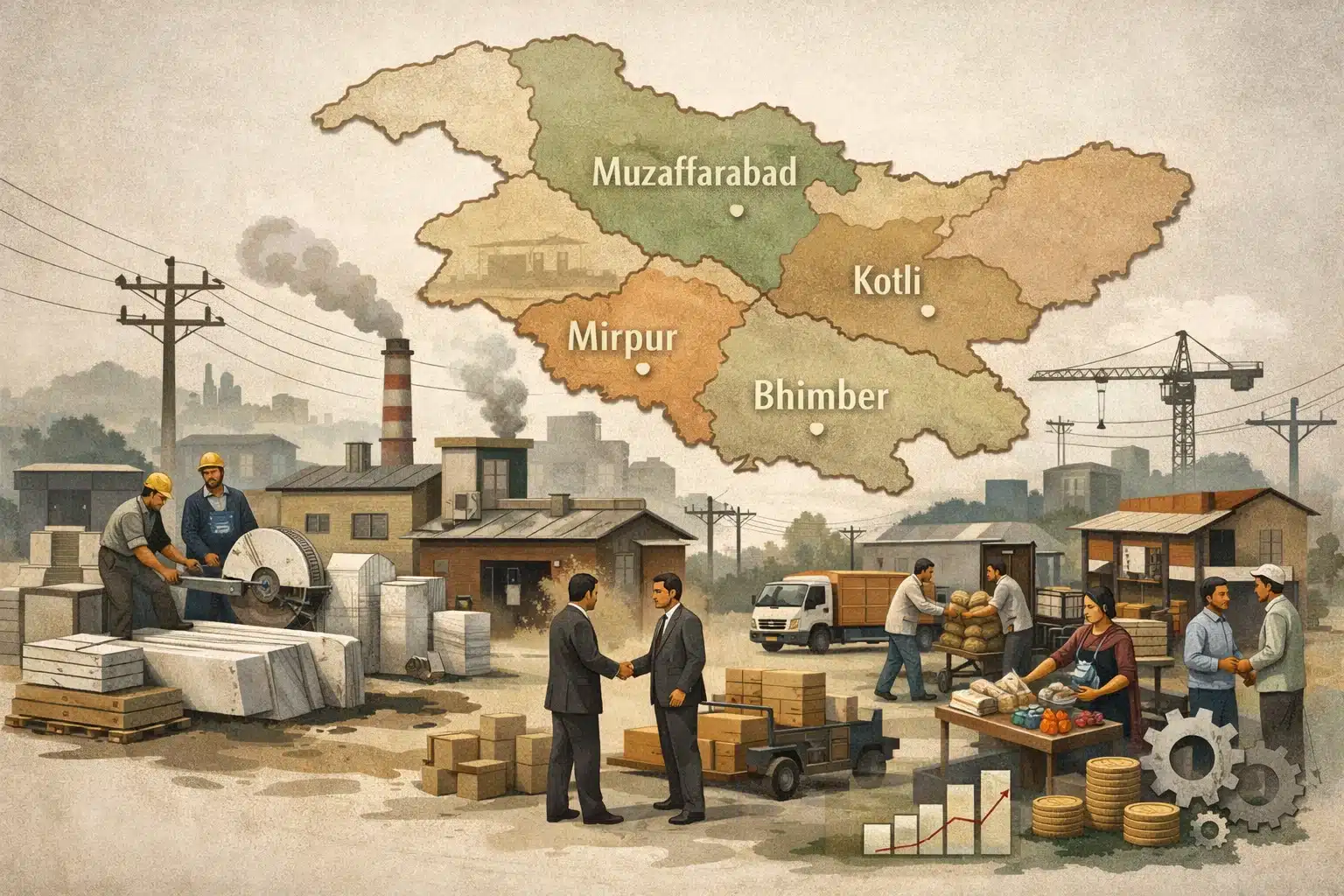 Editorial illustration of Azad Jammu & Kashmir industrial landscape showing small factories, workshops, and marble cutting units, with AJK map highlighting Mirpur, Kotli, Bhimber, and Muzaffarabad, electricity connections, and abstract representations of workforce and trade, professional muted color palette. Editorial illustration of Azad Jammu & Kashmir industrial landscape showing small factories, workshops, and marble cutting units, with AJK map highlighting Mirpur, Kotli, Bhimber, and Muzaffarabad, electricity connections, and abstract representations of workforce and trade, professional muted color palette.