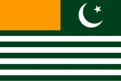 The official flag of Azad Jammu and Kashmir, adopted in 1975. The green field with white stripes and saffron canton reflects both Islamic heritage and the region's diverse demographics.