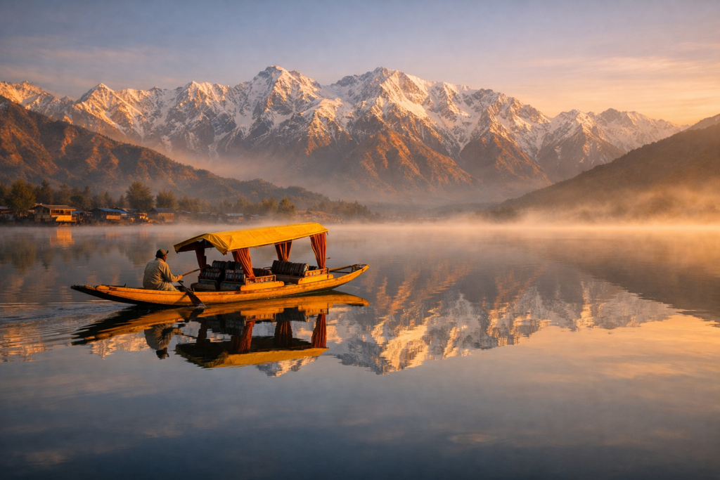 Golden hour view of Dal Lake with a traditional shikara boat gliding on calm water, reflecting snow-capped Himalayan mountains and soft morning mist.